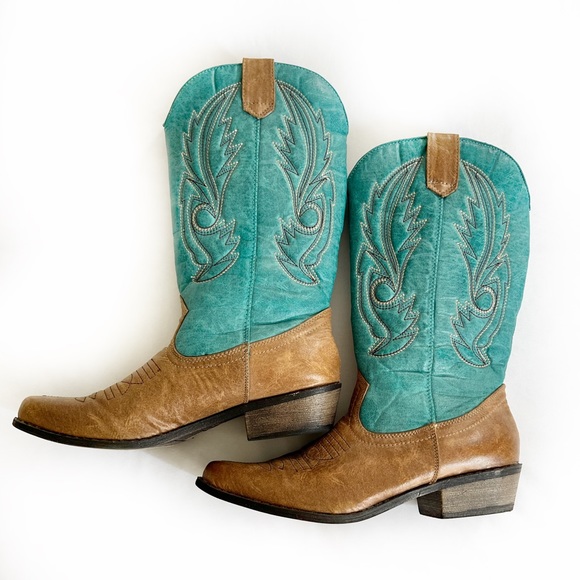 Western Cowgirl Boots. Brown & Teal. Excellent Condition. Size 7.5 CONCERTS! - Picture 3 of 13